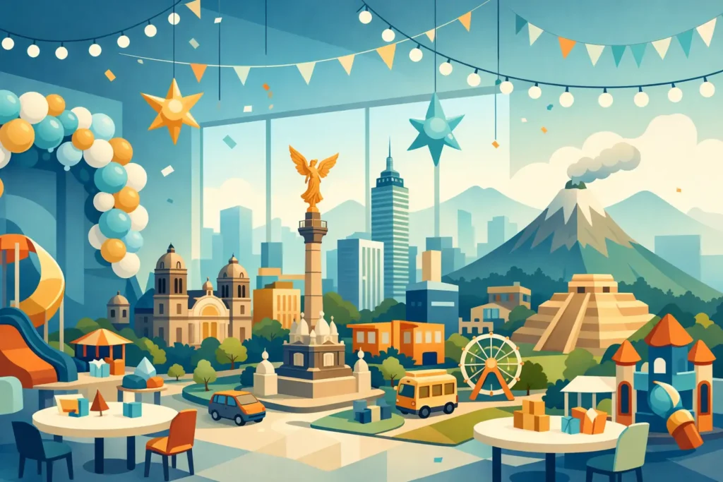 Salón de fiestas con mini ciudad en CDMX